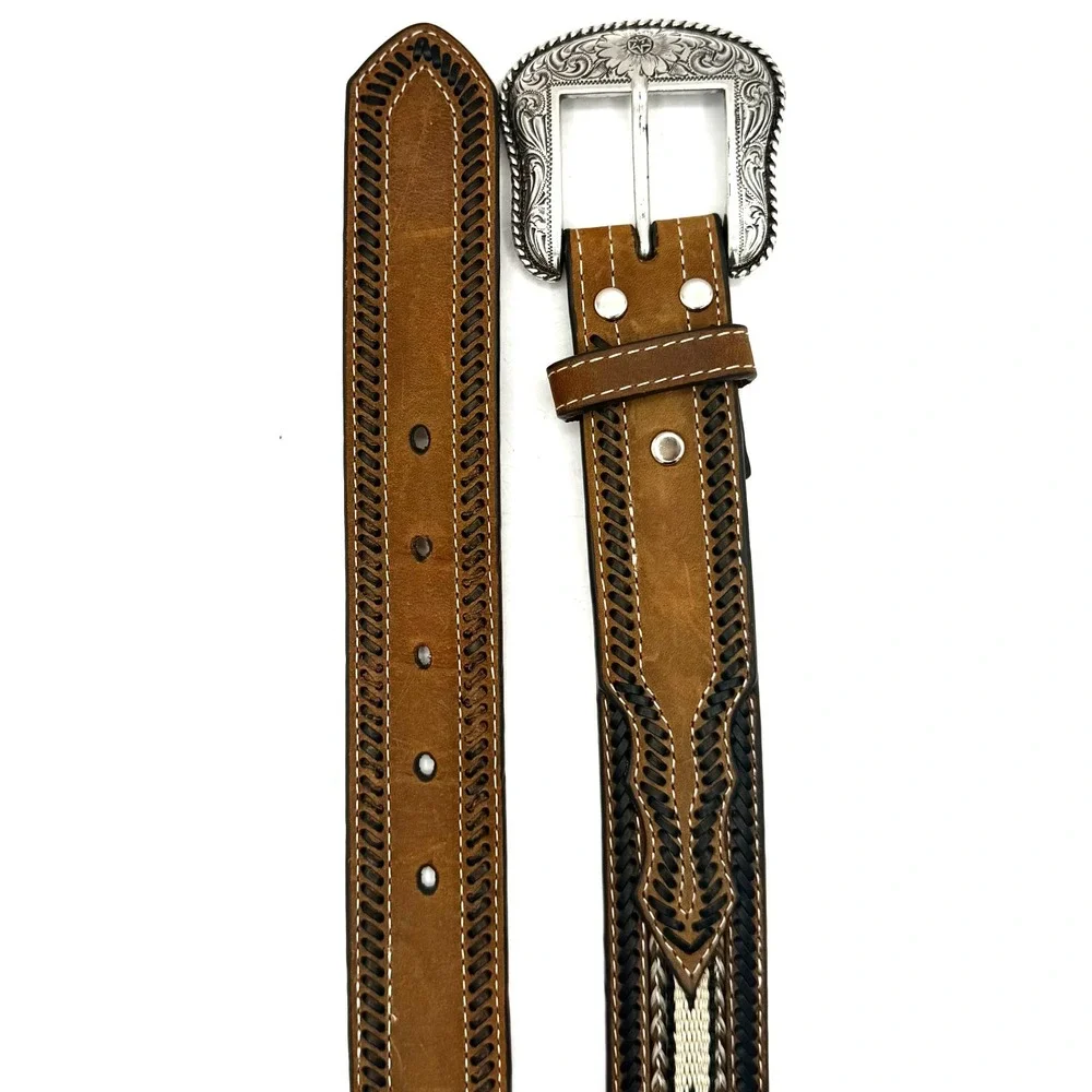 Nocona Western Leather Belt Sz 42 Brown Braided Inlay Cowboy Rodeo Silver Buckle